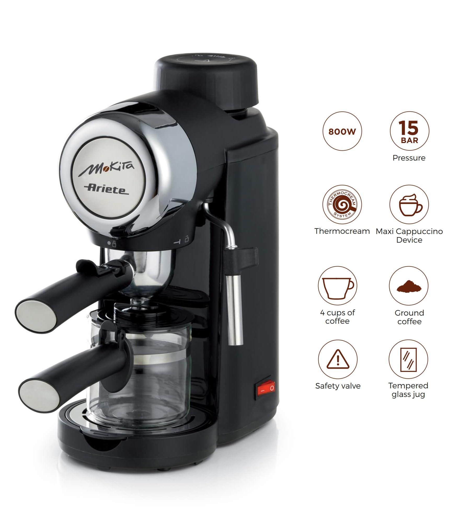 ariete-mokita-1340-machine-caf-moka-et-cappuccino-800-w-4-tasses-bec-vapeur-noir image 2
