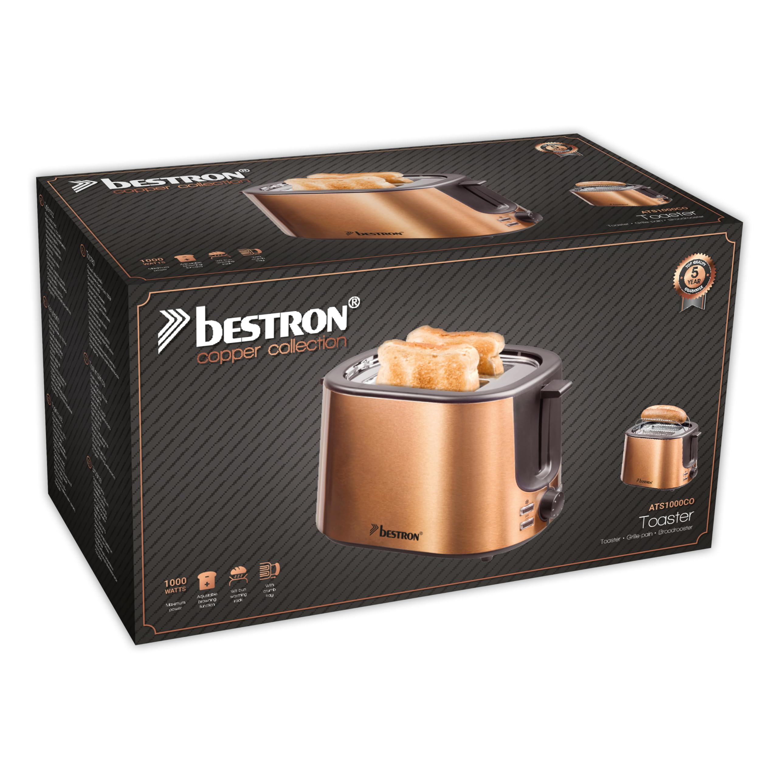 bestron-ats1000co-grille-pain-2-tranches-copper-collection-7-niveaux-de-brunissa image 6